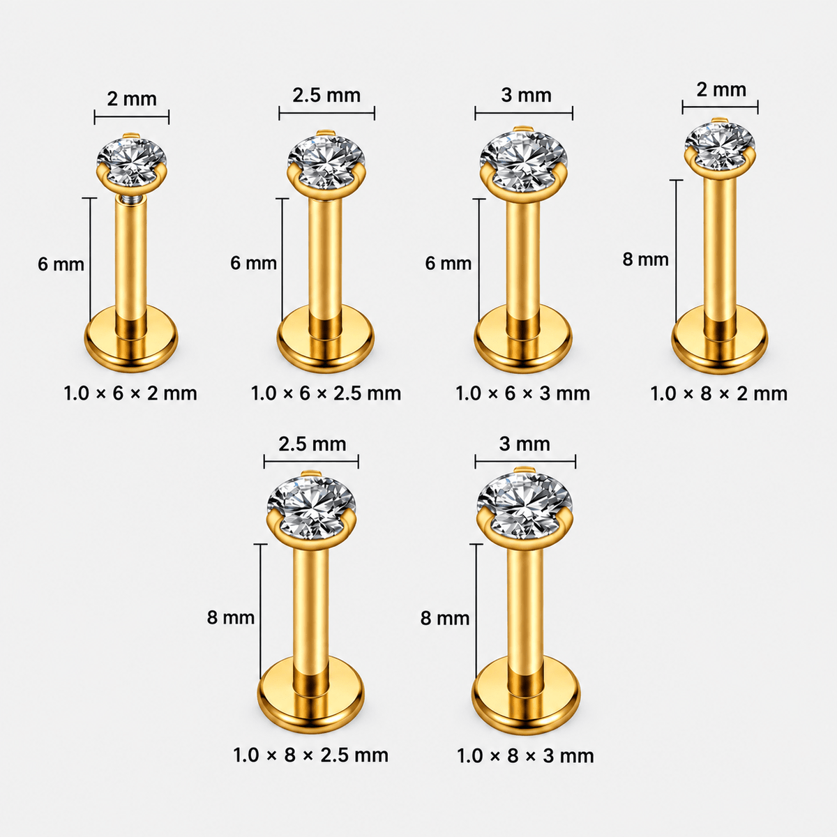 Lumi Solitaire Labret 3 mm guldfarvet - BY CARA
